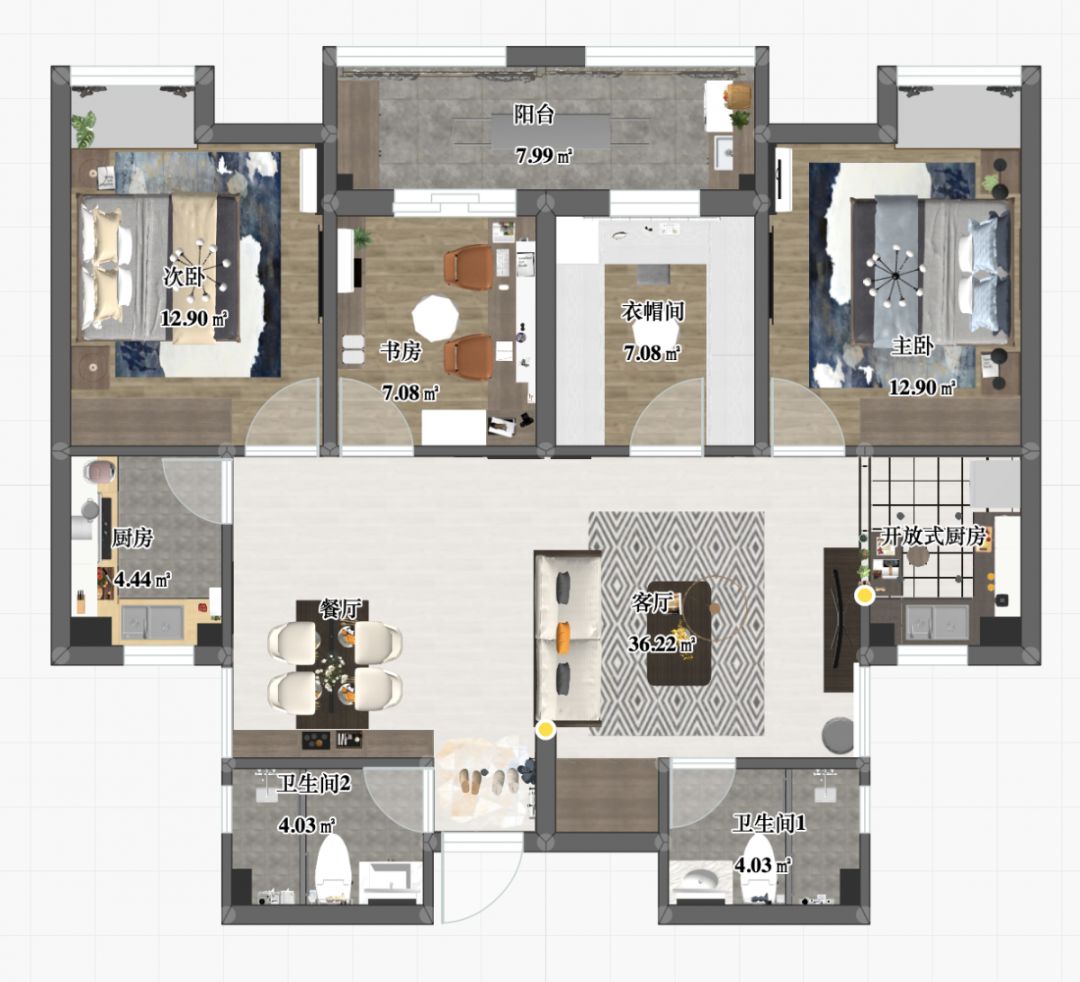 劉萍萍_花崗鴻福城132㎡現(xiàn)代簡約風(fēng)格_兩套小戶型打通變大宅，中西雙廚房+衣帽間打造品質(zhì)生活！01彩平圖
