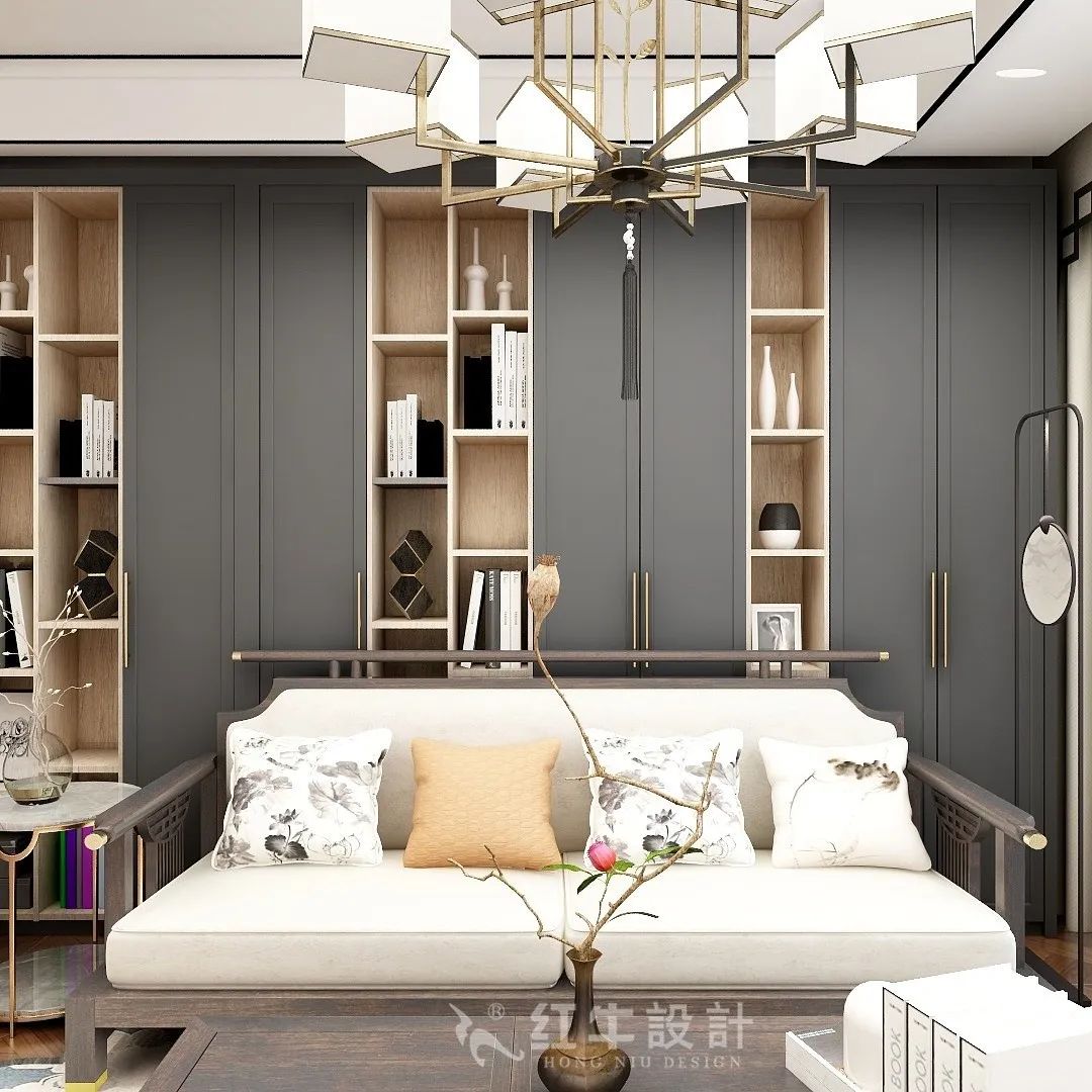 朱明琪_紅牛設(shè)計(jì)--中垠紫金官邸105㎡(C3戶型)新中式風(fēng)格07效果圖欣賞_客廳