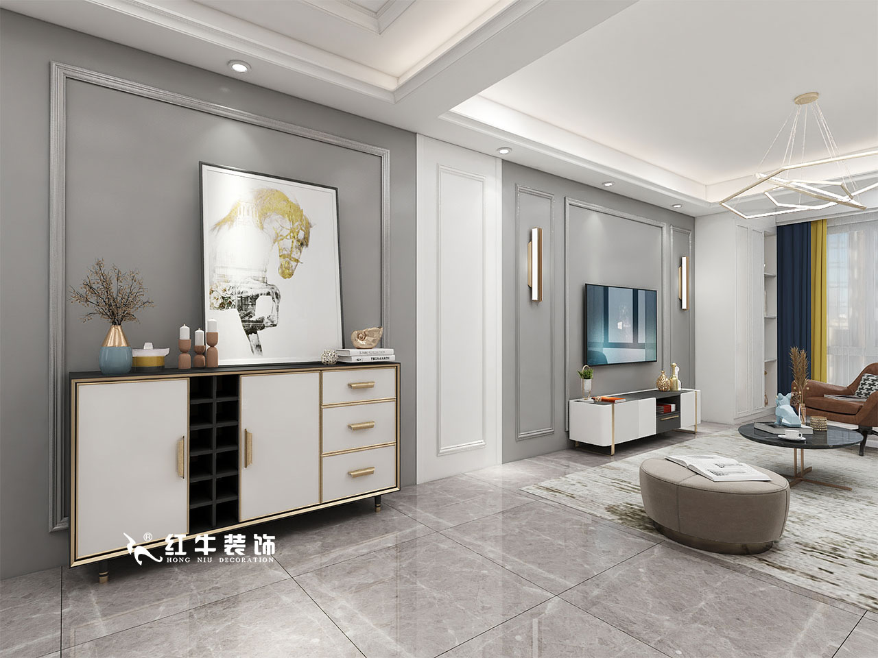 顧娟_金地都會(huì)意境118㎡現(xiàn)代風(fēng)格--弧形沙發(fā)設(shè)計(jì)，獨(dú)特有創(chuàng)意！04客廳設(shè)計(jì)_電視背景墻