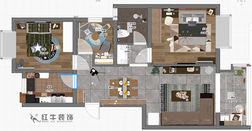 朱明琪_中交錦蘭薈21-303-86㎡-現(xiàn)代簡(jiǎn)約風(fēng)格_3室2廳1衛(wèi)（新房裝修）_成品家￥93634_全包10萬(wàn)00_03彩平圖