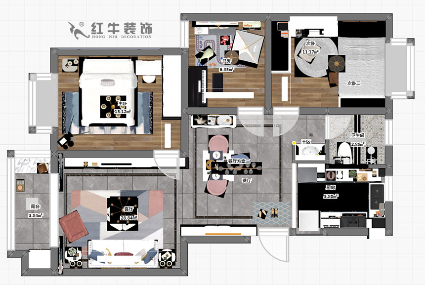 朱明琪_雙和園15-1-702-95㎡-簡(jiǎn)美風(fēng)格_3室2廳1衛(wèi)(老房裝修)_成品家¥128088_全包13萬(wàn)00_03彩平圖