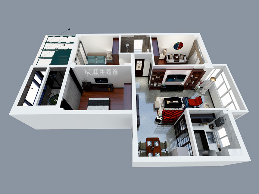 張智猿｜紅山山莊8-204-100㎡-簡中風(fēng)格｜3室1廳1衛(wèi)｜老房裝修｜定制家￥153700｜全包15萬｜00_04鳥瞰圖