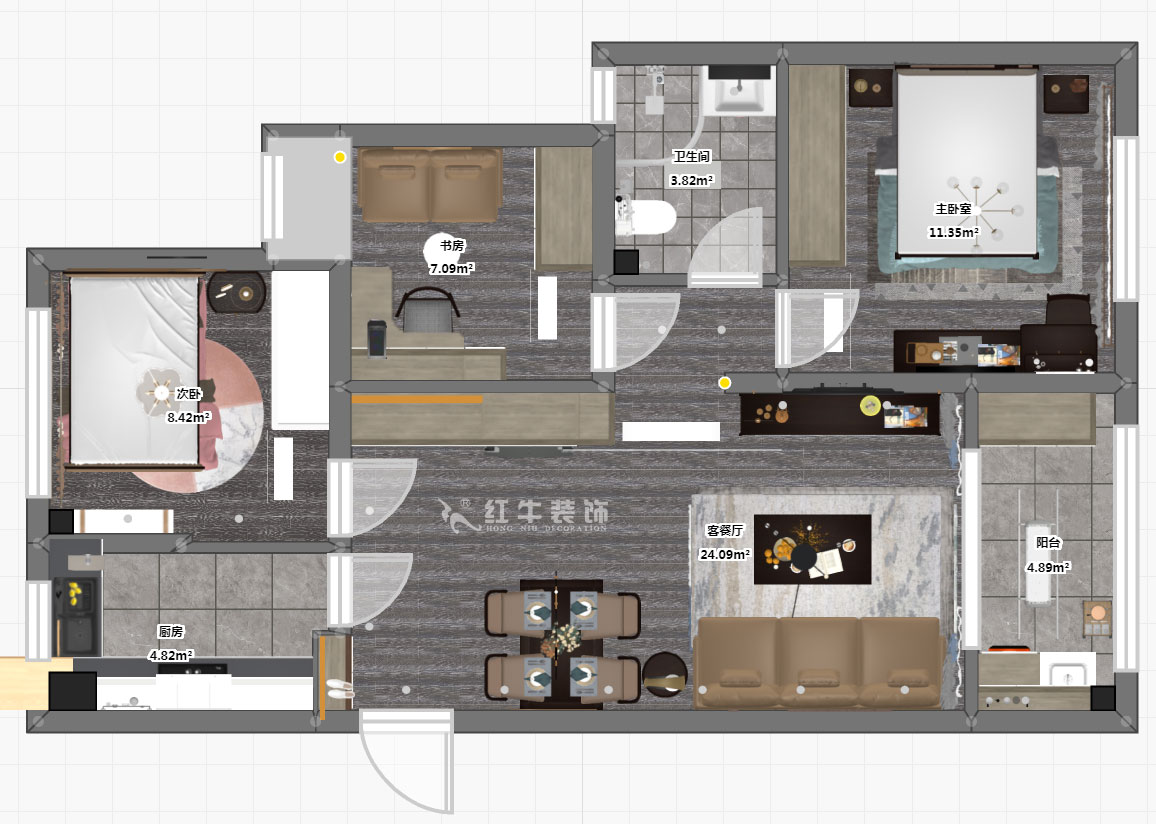 仇美蓉|中南世紀雅苑二期1-2-2005-78㎡-簡約風格|3室2廳1衛(wèi)|新房裝修|成品家¥120306|全包12萬|00_03彩平圖