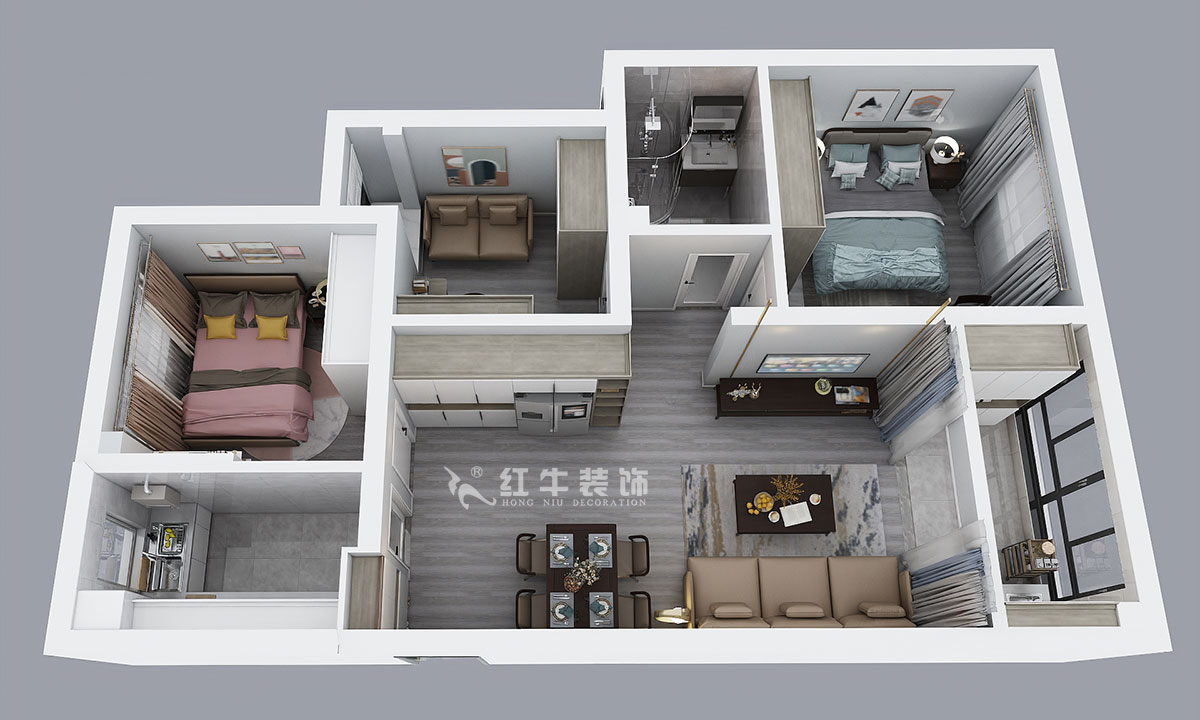 仇美蓉|中南世紀雅苑二期1-2-2005-78㎡-簡約風格|3室2廳1衛(wèi)|新房裝修|成品家¥120306|全包12萬|00_04鳥瞰圖