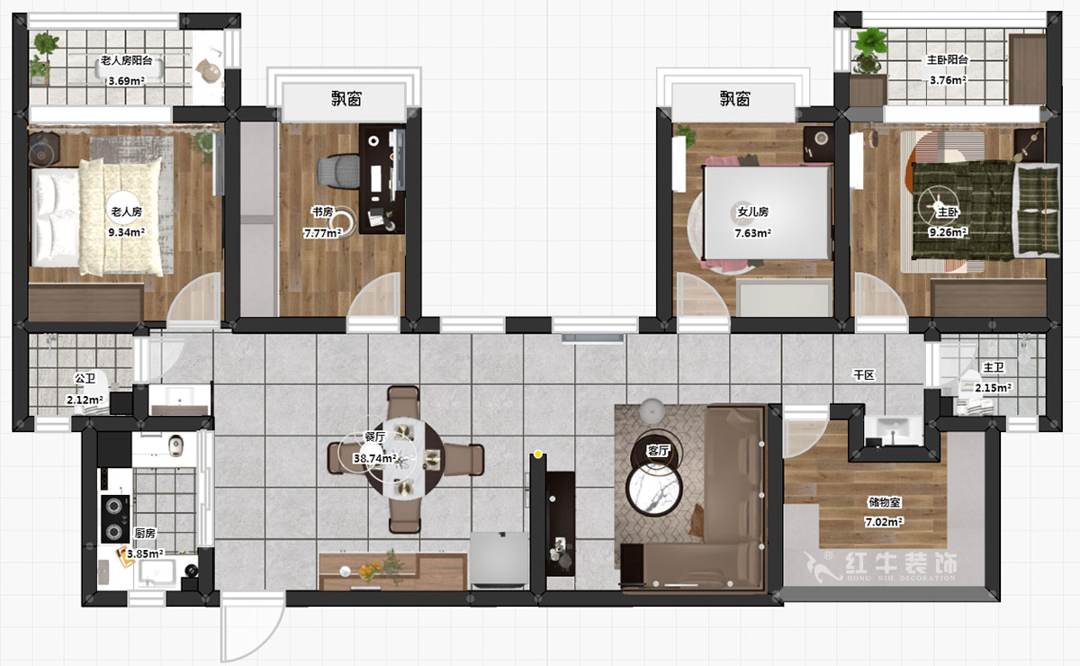 吳波｜楓霞雅苑9-203-131㎡-現(xiàn)代風格｜4室2廳2衛(wèi)｜新房裝修｜定制家￥126398｜全包13萬｜00_03彩平圖