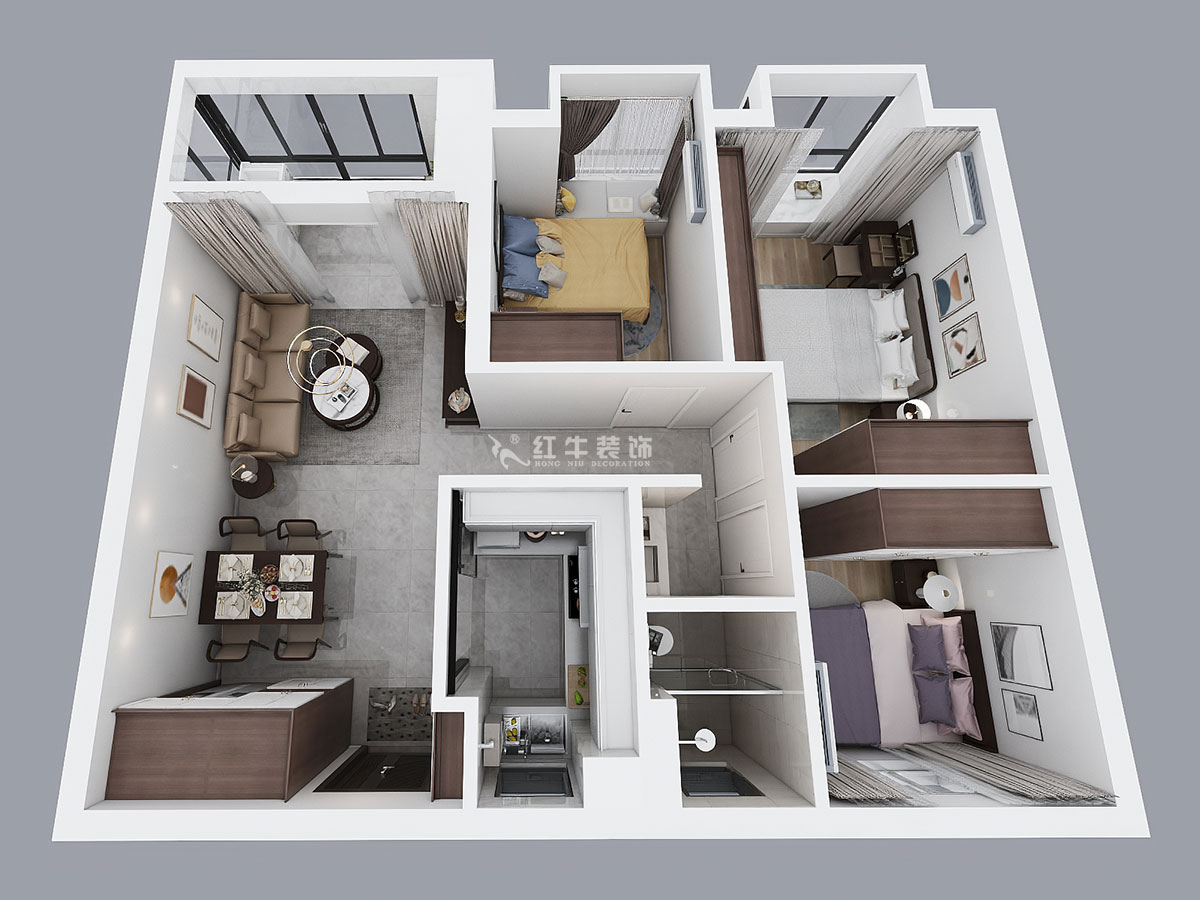 朱明琪|仙林國際J-1802-95㎡-現(xiàn)代簡約風格|3室2廳1衛(wèi)|新房裝修|成品家¥131929|全包13萬|00_04鳥瞰圖