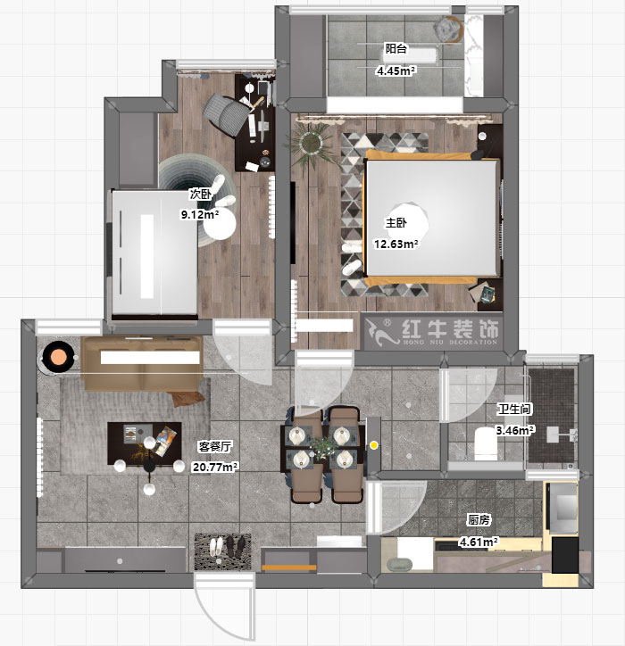 張桐瑋｜龍?bào)春蛨@1-1804-64㎡-現(xiàn)代簡(jiǎn)約風(fēng)格｜2室1廳1衛(wèi)｜新房裝修｜定制家￥87700｜全包10萬｜00_03彩平圖
