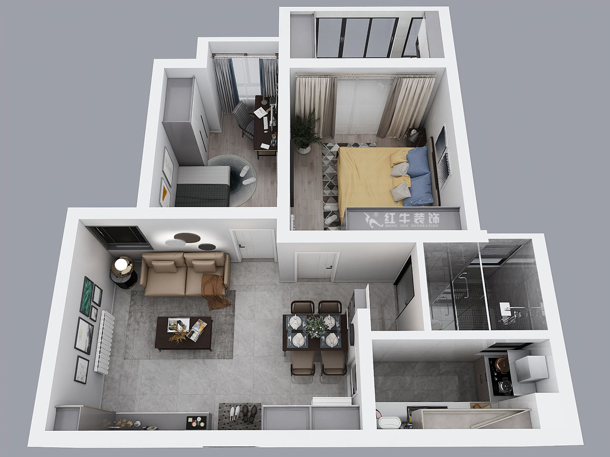 張桐瑋｜龍?bào)春蛨@1-1804-64㎡-現(xiàn)代簡(jiǎn)約風(fēng)格｜2室1廳1衛(wèi)｜新房裝修｜定制家￥87700｜全包10萬｜00_04鳥瞰圖