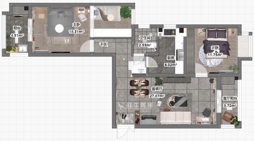 仇美蓉|御道嘉庭1-1-704-90㎡-簡約風格|2室2廳1衛(wèi)|新房裝修|定制家¥120137|全包12萬|00_03彩平圖