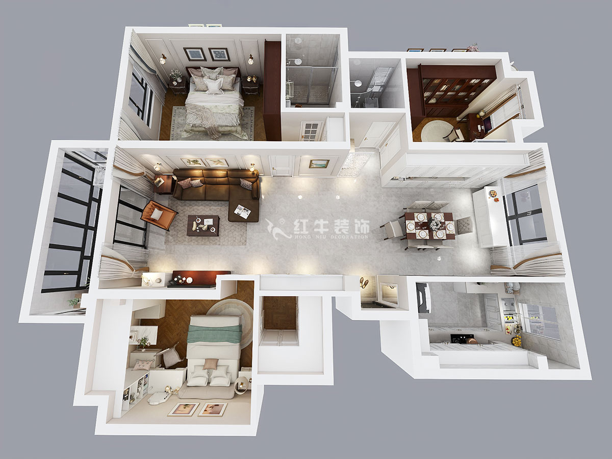 魏明花|華府國際8-4-607-142㎡-現(xiàn)代簡約風(fēng)格|3室2廳2衛(wèi)|毛坯房裝修|定制家¥210681|全包21萬|00_04鳥瞰圖