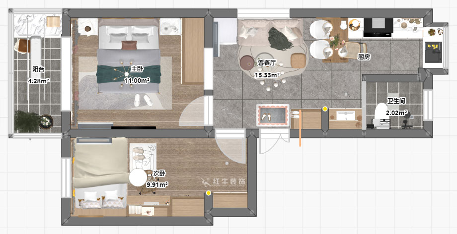 仇美蓉｜愛達花園蘭花園62-14-302-60㎡-北歐風格｜2室1廳1衛(wèi)｜二手房裝修｜定制家￥83229｜全包8