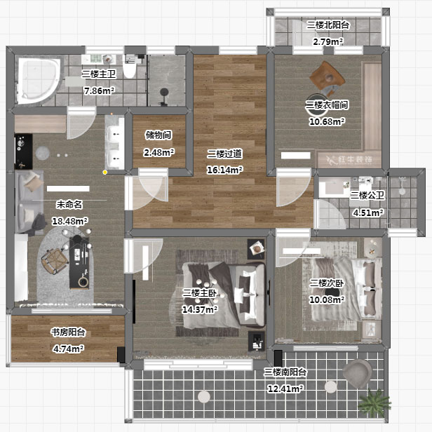 劉小勇|酈湖美墅90-102-190㎡-現(xiàn)代風(fēng)格|4室2廳3衛(wèi)|新房裝修|定制家¥288000|全包33萬(wàn)|00_06二樓平面彩圖