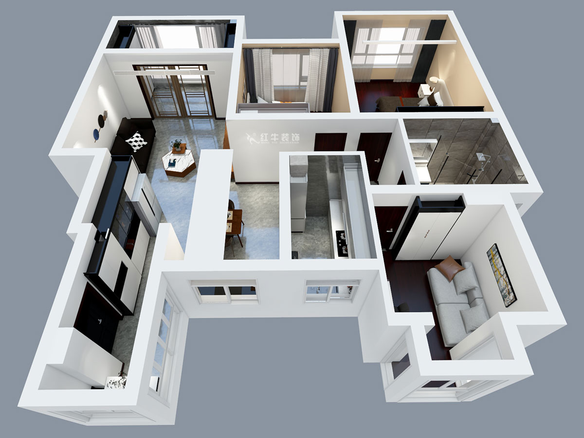 張智猿|弘陽上院19-504-110㎡-現(xiàn)代風(fēng)格|3室2廳1衛(wèi)|新房裝修|定制家¥100902|全包14萬|00_04鳥瞰圖