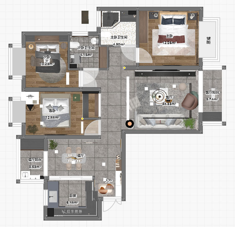 朱明琪｜海德北岸17-1-1401-120㎡-簡(jiǎn)約風(fēng)格｜3室2廳2衛(wèi)｜新房裝修｜定制家￥185496｜全包17萬(wàn)｜00_03平面彩圖