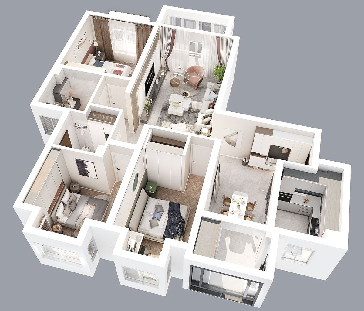 朱明琪｜海德北岸17-1-1401-120㎡-簡(jiǎn)約風(fēng)格｜3室2廳2衛(wèi)｜新房裝修｜定制家￥185496｜全包17萬(wàn)｜00_04鳥(niǎo)瞰圖