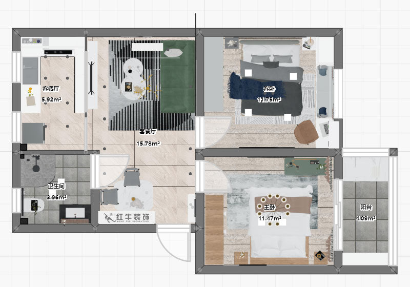 朱明琪|旭光里57-4-407-69㎡-現(xiàn)代簡約風(fēng)格|2室2廳1衛(wèi)|老房翻新|定制家¥113520|全包11萬|00_03平面彩圖