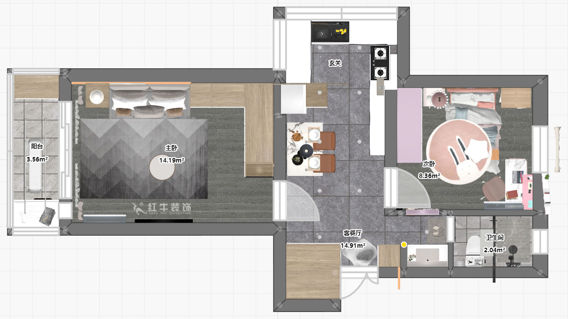朱明琪|廳后街寧中里2-3-606-57㎡-現(xiàn)代簡約風格|2室2廳1衛(wèi)|老房裝修|定制家¥101015|全包10萬|00_04平面彩圖