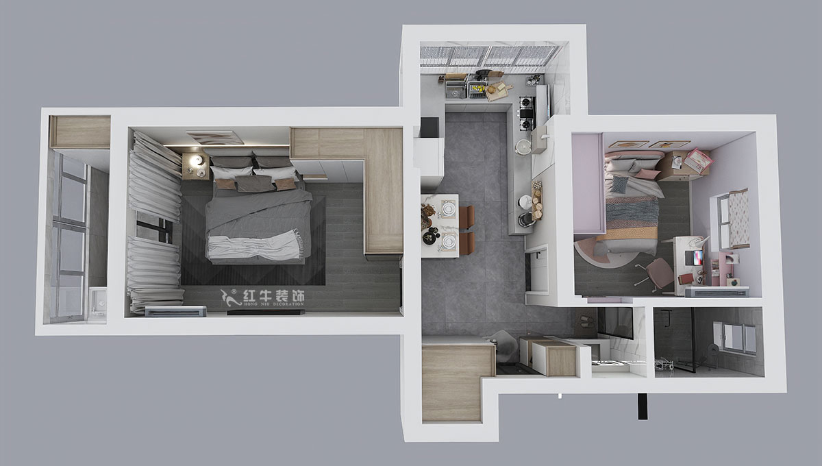 朱明琪|廳后街寧中里2-3-606-57㎡-現(xiàn)代簡約風格|2室2廳1衛(wèi)|老房裝修|定制家¥101015|全包10萬|00_05鳥瞰圖