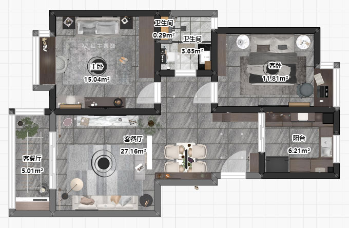 吳波｜亞?wèn)|國(guó)際13-105-90㎡-現(xiàn)代風(fēng)格｜2室2廳2衛(wèi)｜舊房裝修｜定制家￥114404｜全包12萬(wàn)｜00_03平面彩圖