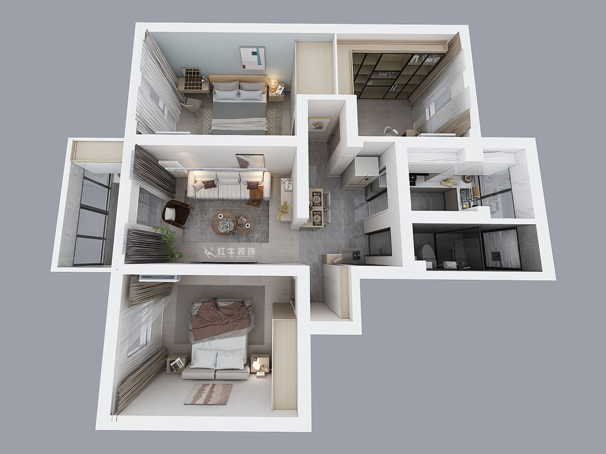魏明花｜五條巷3號502室-98㎡-現(xiàn)代簡約風格｜3室2廳1衛(wèi)｜二手房裝修｜定制家￥135762｜全包13萬｜00_04鳥瞰圖