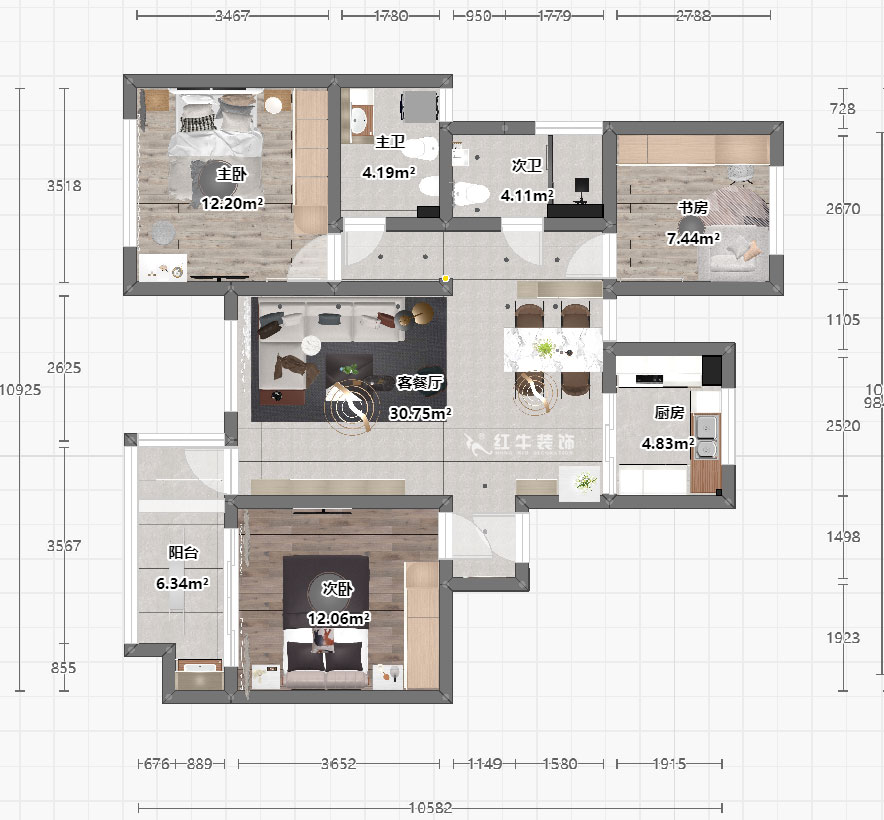 魏明花|山水云房37-1502-123㎡-現(xiàn)代簡約風格|3室2廳2衛(wèi)|毛坯房裝修|定制家|全包12萬|00_03俯視圖