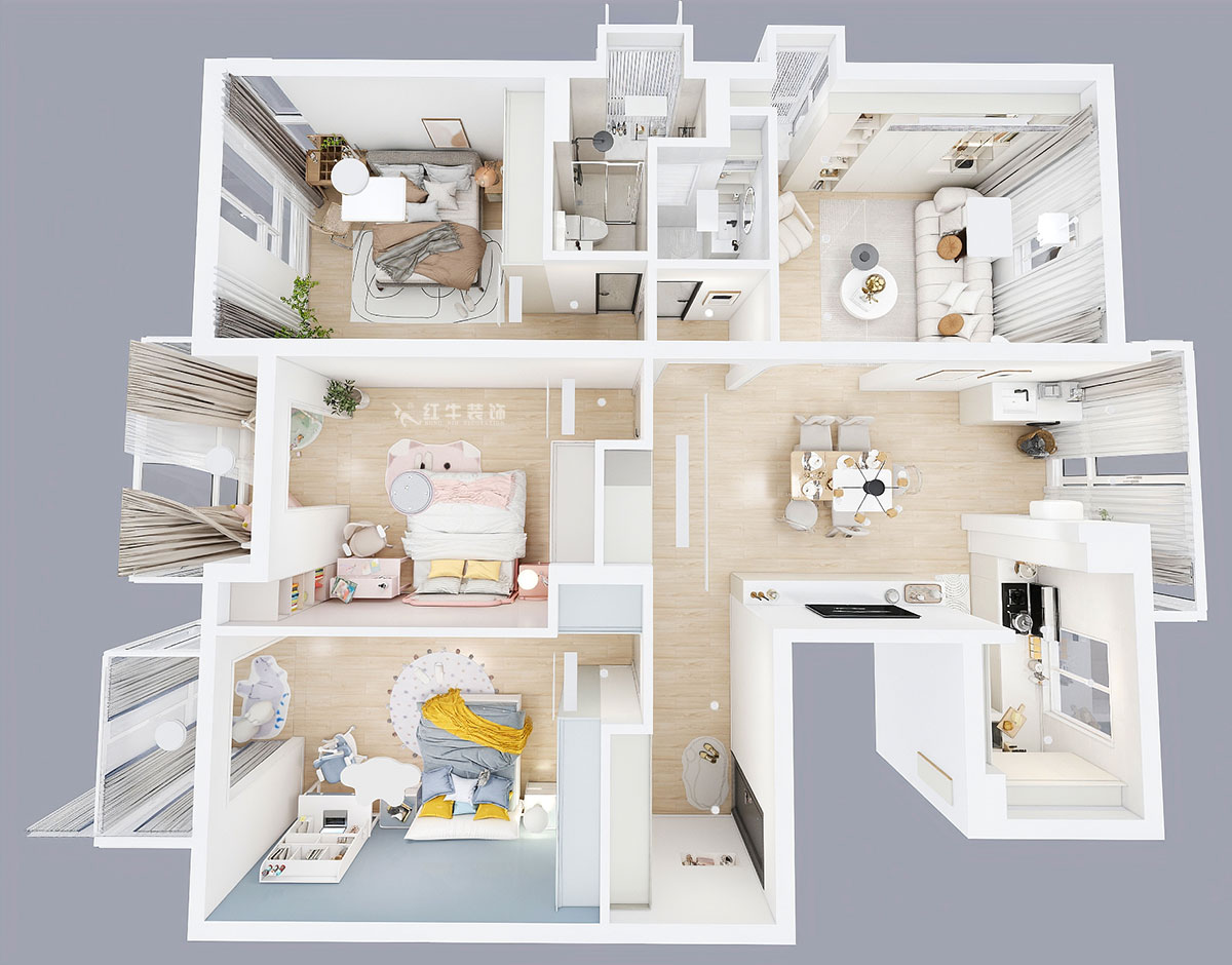 朱彥|仁恒翠竹園26-204-130㎡-簡約風(fēng)格|3室2廳2衛(wèi)|老房裝修|定制家|全包20萬|00_04鳥瞰圖