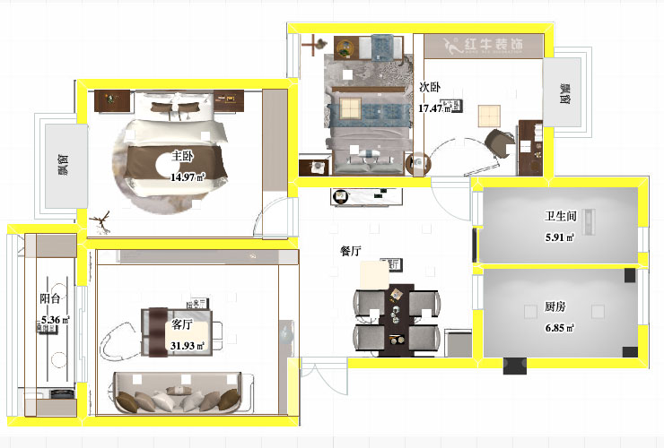 張智猿｜裕順雅苑12-502-96㎡-中式風格｜2室1廳1衛(wèi)｜老房裝修｜定制家｜全包9萬｜00_04平面彩圖