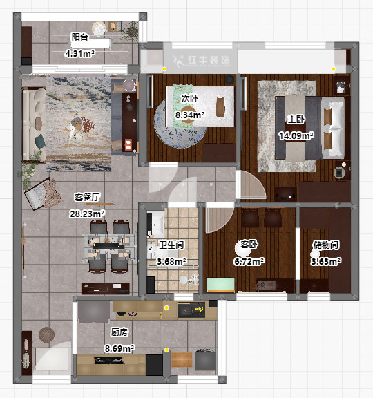 孟憲濤|句容碧桂園星悅灣20-2-604-105㎡-簡(jiǎn)中風(fēng)格|3室1廳1衛(wèi)|新房裝修|定制家|全包14萬(wàn)|00_03平面彩圖