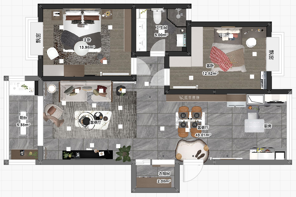 吳波|金虹花園6-304-85㎡-現(xiàn)代風(fēng)格|2室2廳1衛(wèi)|舊房裝修|定制家|全包12萬|00_03平面彩圖