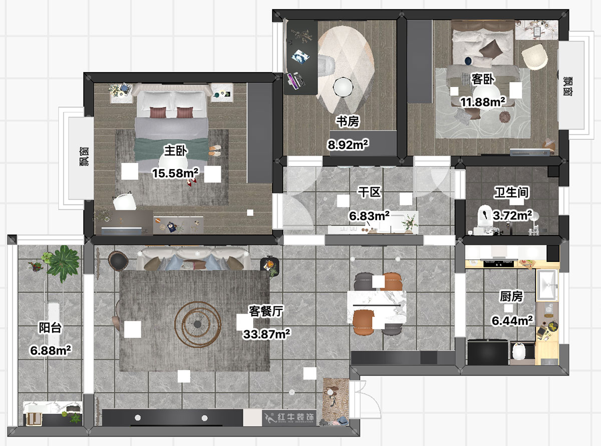 吳波|水岸康城43-102-110㎡-現(xiàn)代風(fēng)格|3室2廳1衛(wèi)|舊房裝修|定制家|全包13萬|00_03平面彩圖