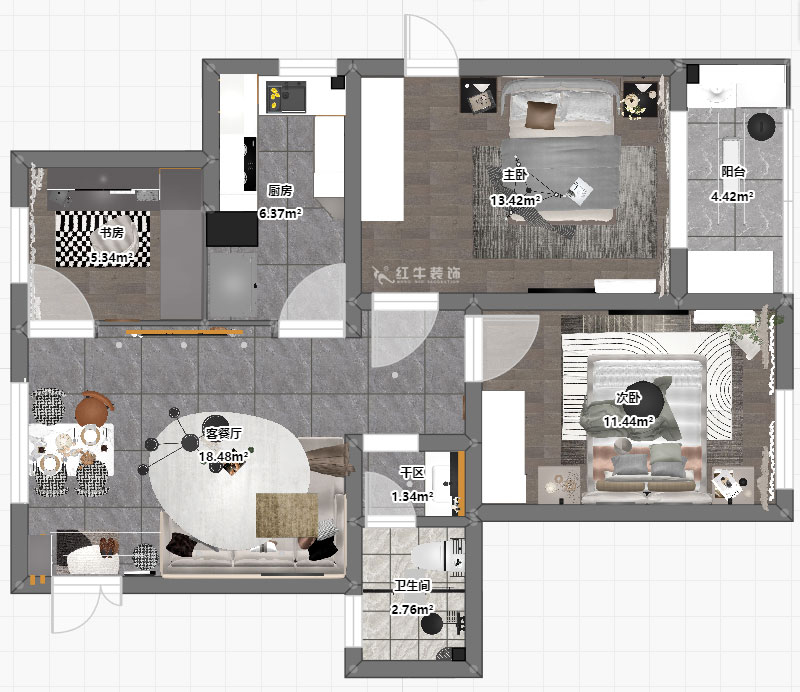 孟憲濤|花崗幸福城玉蘭園10-201-90㎡-現(xiàn)代簡約風(fēng)格|3室1廳1衛(wèi)|老房裝修|定制家|全包13萬|00_03平面彩圖