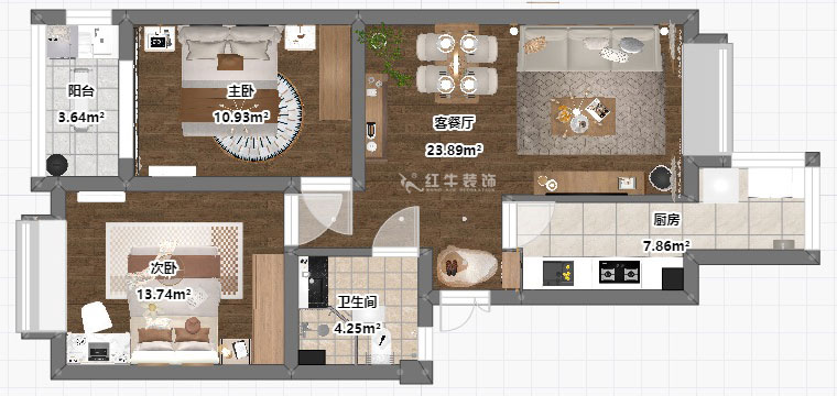 劉小勇|燕禾園10-3-1002-82㎡-現(xiàn)代簡約風格|2室2廳1衛(wèi)|老房裝修|定制家|全包11萬|00_03平面彩圖