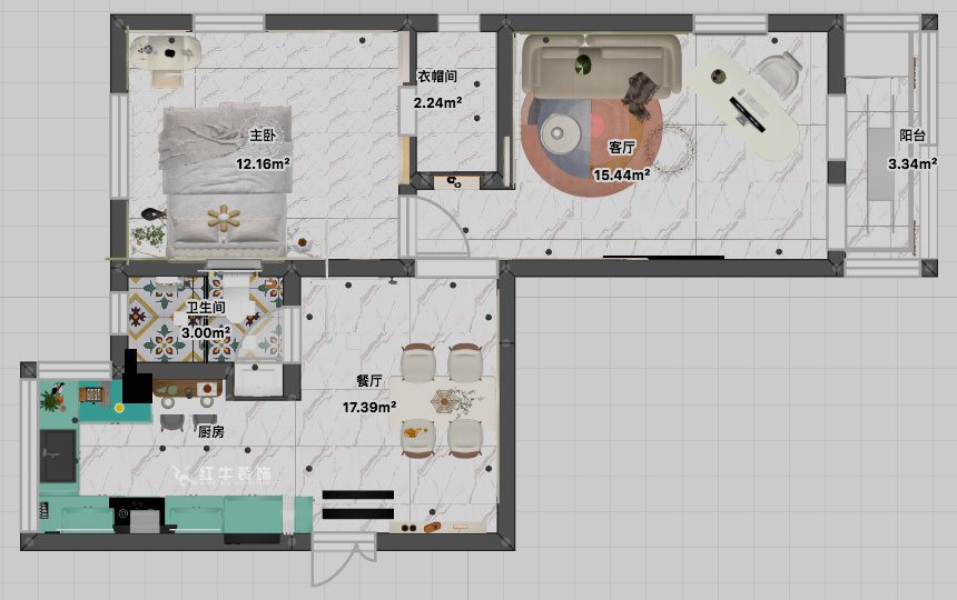 張智猿|石鼓路39號2-201-60㎡-法式奶油風|2室2廳1衛(wèi)|老房裝修|定制家|全包13萬|00_04平面彩圖