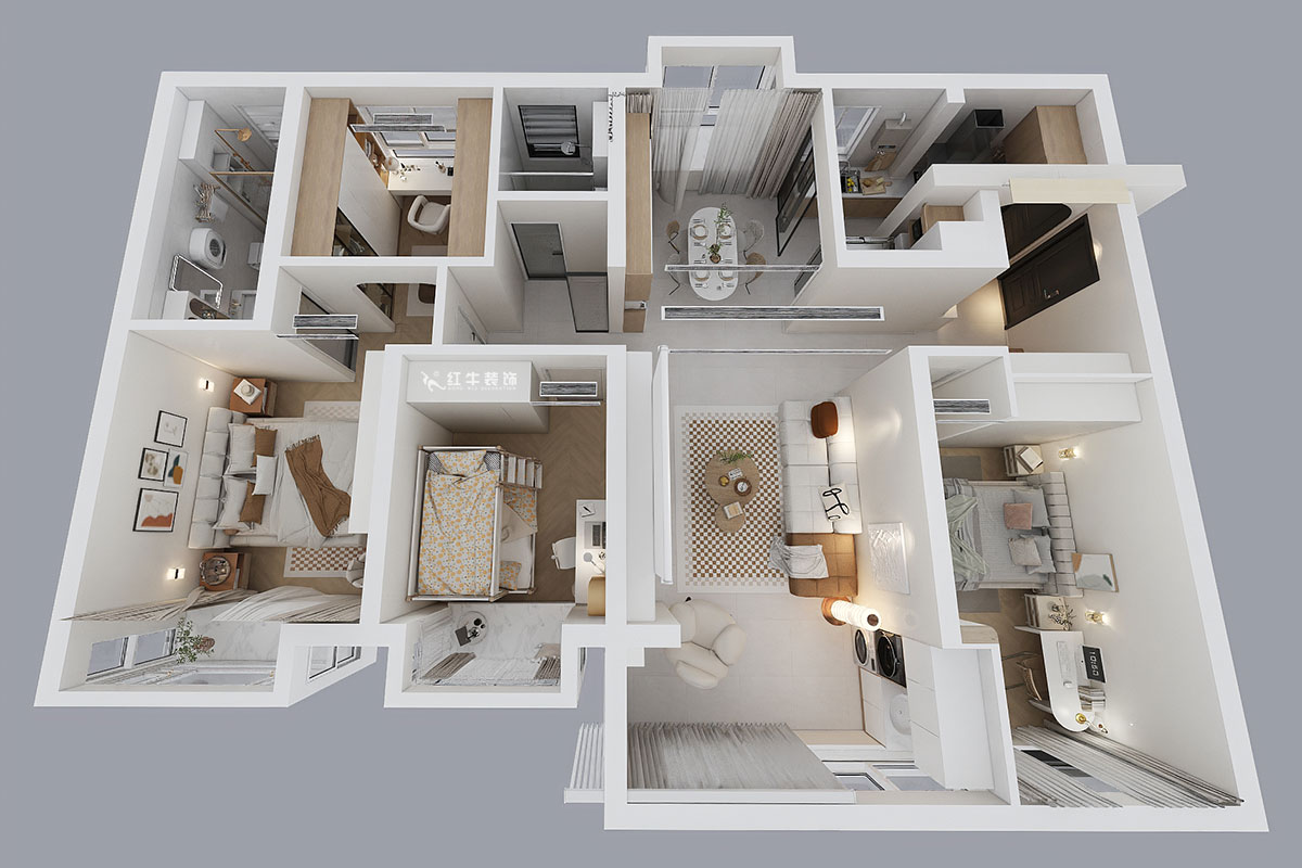 魏明花｜睿創(chuàng)新筑3期C2-2204-132㎡-現代簡約風格｜4室2廳2衛(wèi)｜毛坯房裝修｜定制家｜全包23萬｜00_04鳥瞰圖
