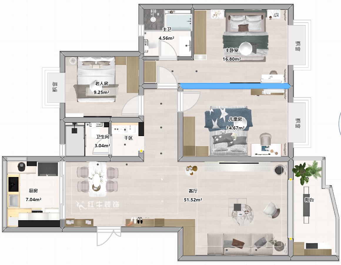陸利民|楓丹白露城市花園32-301-126㎡-現(xiàn)代簡約風格|3室2廳2衛(wèi)|舊房裝修|半包9萬|00_03平面彩圖