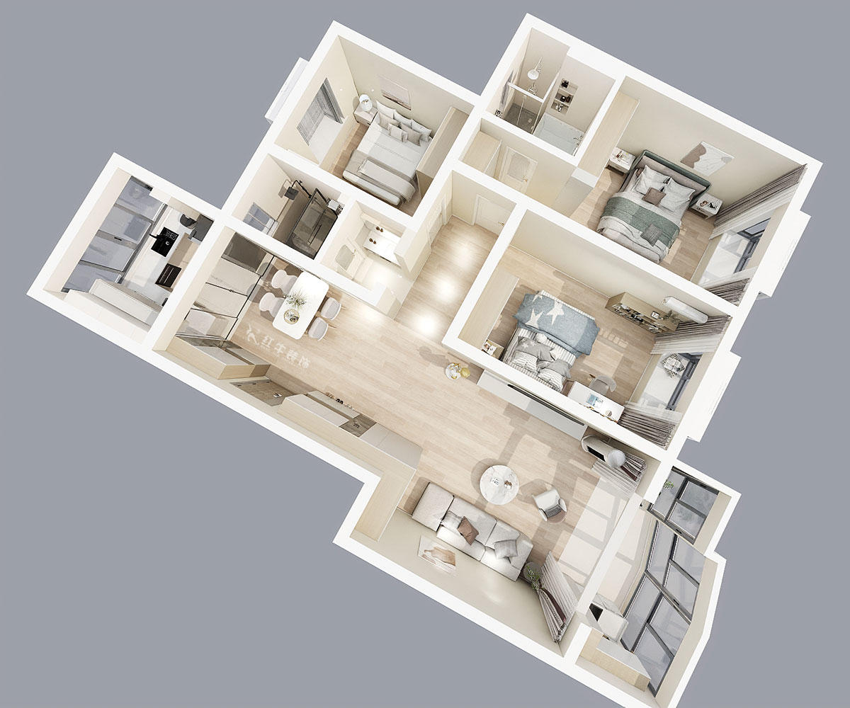 陸利民|楓丹白露城市花園32-301-126㎡-現(xiàn)代簡約風格|3室2廳2衛(wèi)|舊房裝修|半包9萬|00_04鳥瞰圖