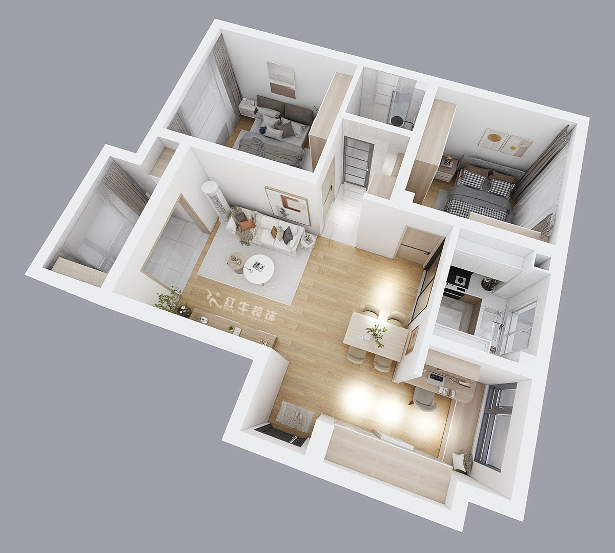 陸利民|文墨花苑10-909-87㎡-現(xiàn)代風格|3室2廳1衛(wèi)|舊房裝修|定制家|全包12萬|00_05鳥瞰圖