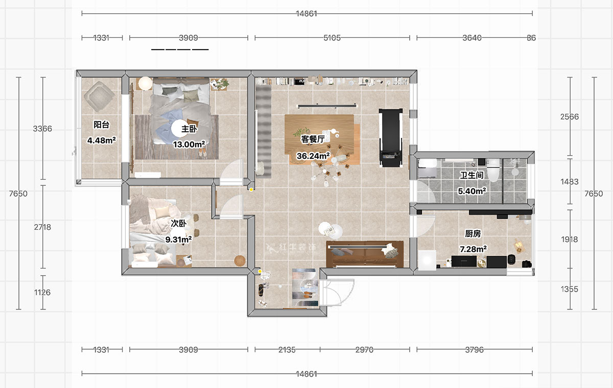 顧娟|御河苑1-2-704-103㎡-現(xiàn)代簡約風格|2室2廳1衛(wèi)|舊房裝修|定制家|全包13萬|00_03平面彩圖