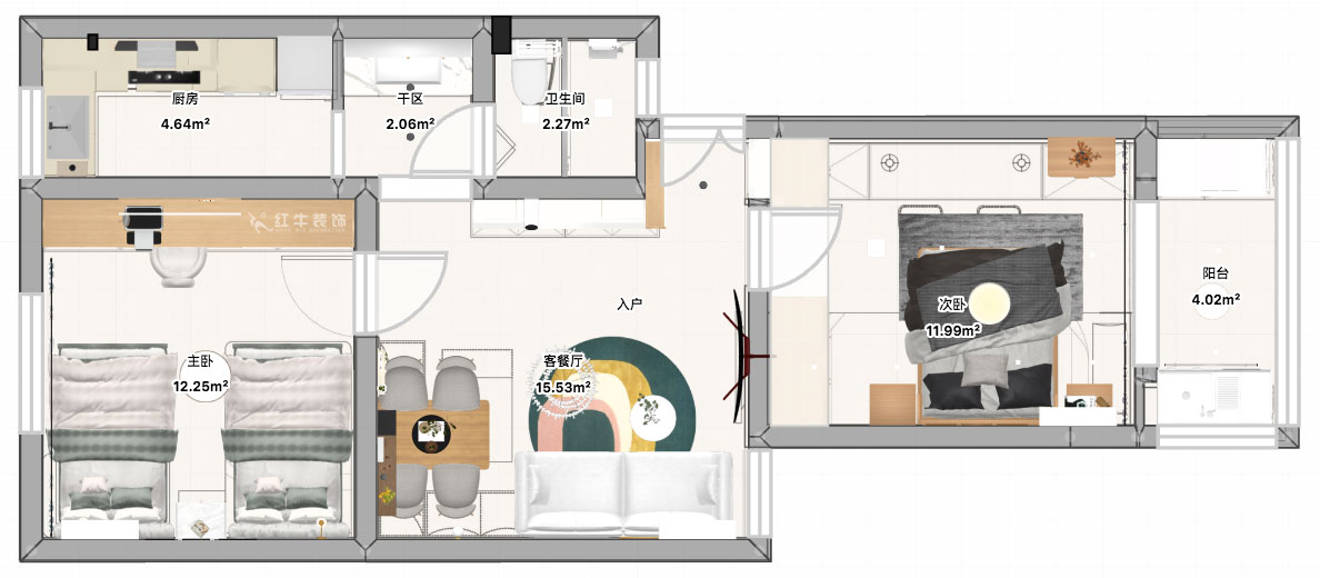 張智猿|煤炭港60號(hào)1-3-102-60㎡-現(xiàn)代奶油風(fēng)|2室1廳1衛(wèi)|老房裝修|定制家|全包12萬(wàn)|00_04平面彩圖