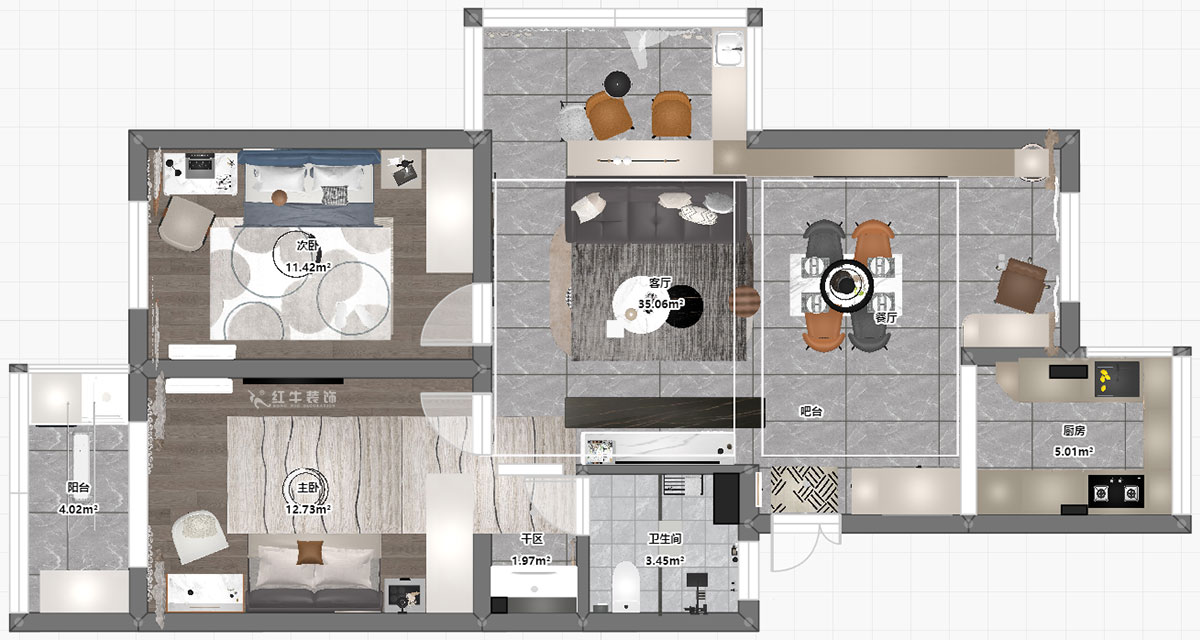 孟憲濤|武定新村5-5-310-90㎡-現(xiàn)代簡約風格|2室2廳1衛(wèi)|老房裝修|定制家|全包14萬|00_03平面彩圖