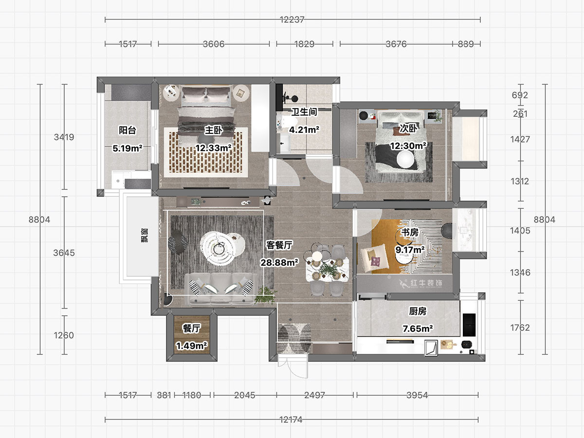 朱彥｜恒山花苑1-3-703-106㎡-現代簡約風格｜3室2廳1衛(wèi)｜新房裝修｜定制家｜全包14萬｜00_03平面彩圖