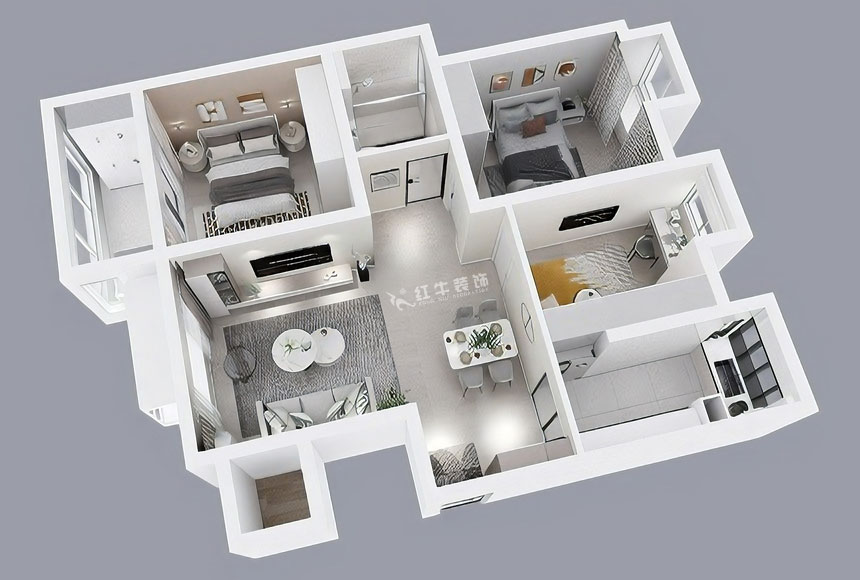 朱彥｜恒山花苑1-3-703-106㎡-現代簡約風格｜3室2廳1衛(wèi)｜新房裝修｜定制家｜全包14萬｜00_04鳥瞰圖