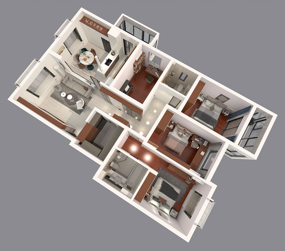 陸利民|東郊美樹(shù)苑2-901-150㎡-現(xiàn)代簡(jiǎn)約風(fēng)格|4室2廳2衛(wèi)|舊房裝修|定制家|全包21萬(wàn)|00_05鳥(niǎo)瞰圖