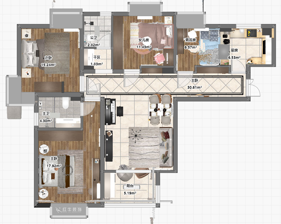 劉小勇|萬和源居4-2-1608-130㎡-現(xiàn)代簡約風(fēng)格|3室2廳2衛(wèi)|老房裝修|定制家|全包18萬|00_03平面彩圖