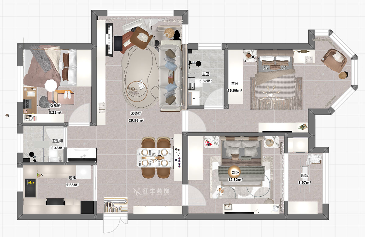 劉小勇|中南世紀雅苑一期8-501-115㎡-現代簡約風格|3室2廳1衛(wèi)|新房裝修|定制家|全包16萬|00_03平面彩圖
