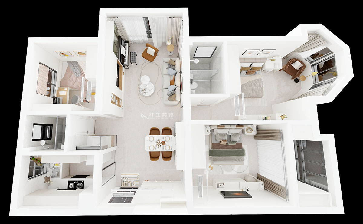 劉小勇|中南世紀雅苑一期8-501-115㎡-現代簡約風格|3室2廳1衛(wèi)|新房裝修|定制家|全包16萬|00_04鳥瞰圖