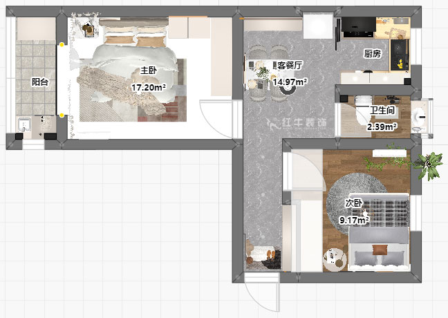 朱明琪|碑亭巷139號(hào)2-503-57㎡-現(xiàn)代風(fēng)格|2室1廳1衛(wèi)|老房改造|定制家|全包12萬(wàn)|00_03平面彩圖