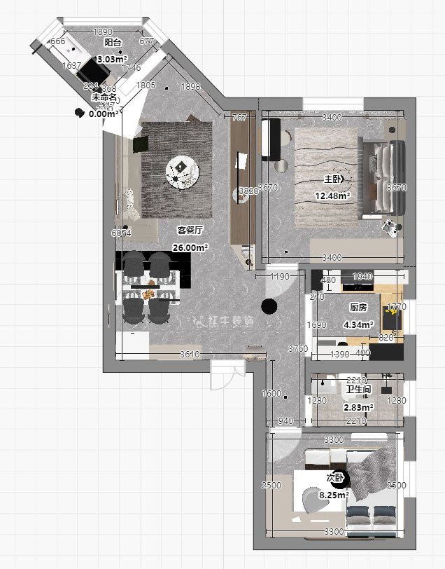 孟憲濤|北門橋10號1508室-85㎡-現代簡約風格|2室2廳1衛(wèi)|老房裝修|定制家|全包12萬|00_04平面彩圖