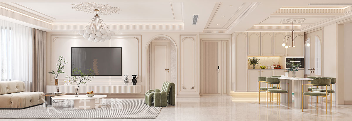 蔣?。鸪?1-3-2206-140㎡-法式奶油風(fēng)格｜3室2廳2衛(wèi)｜新房裝修｜定制家｜全包23萬(wàn)｜00電視背景