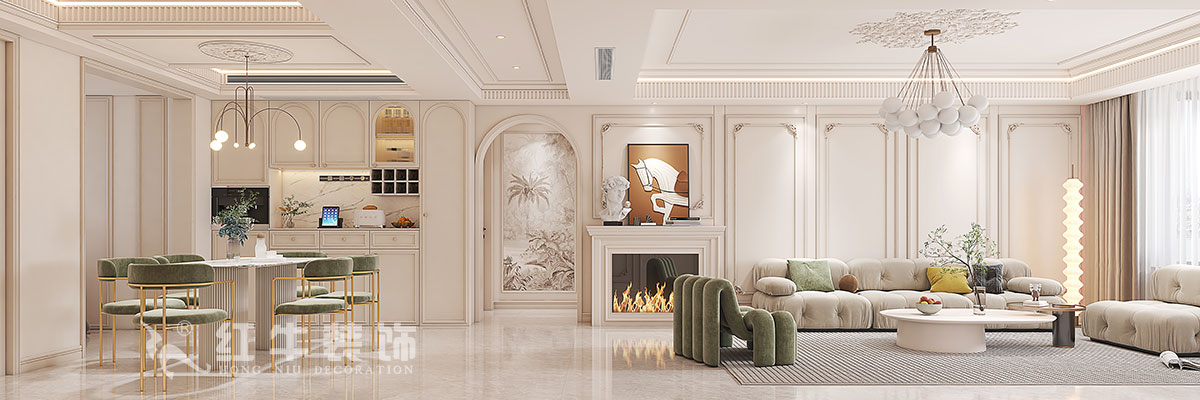 蔣?。鸪?1-3-2206-140㎡-法式奶油風(fēng)格｜3室2廳2衛(wèi)｜新房裝修｜定制家｜全包23萬(wàn)｜00沙發(fā)背景